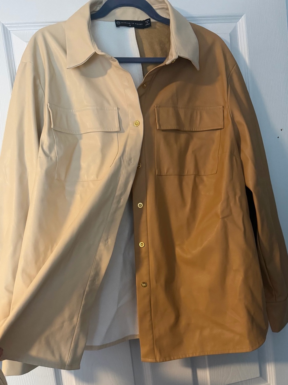 New York & Company Two-Tone Beige and Brown Faux Leather Button-Down Shirt